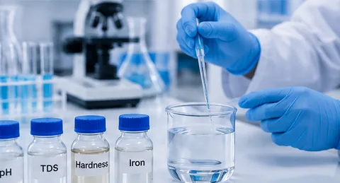 Professional water sample testing with laboratory glassware and analysis equipment